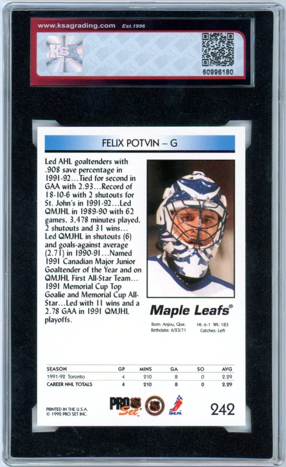 1992/93 Pro Set Felix Potvin #242 Graded Hockey Rookie Card KSA 9