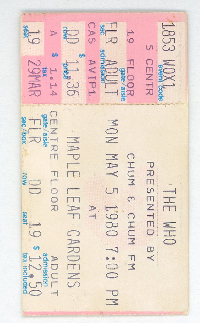 The Who Vintage Concert Ticket Maple Leaf Gardens (Toronto, 1980)