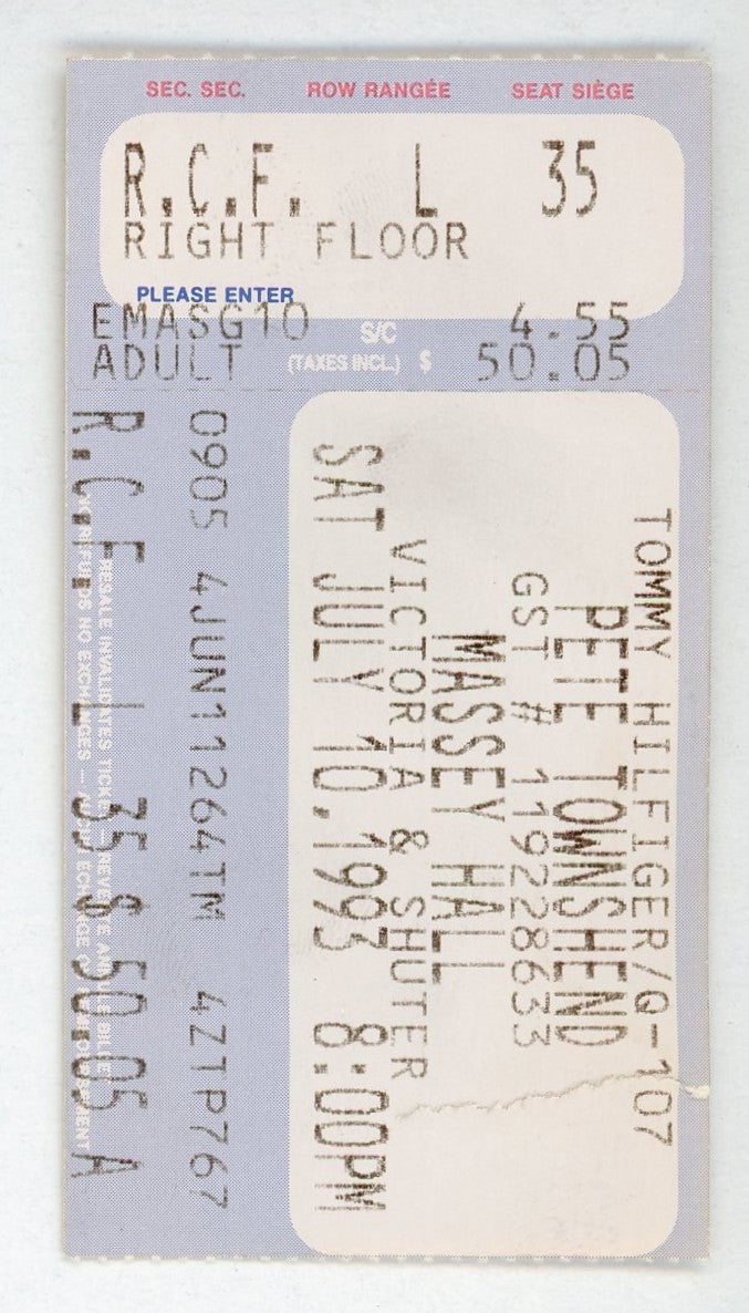Pete Townsend Vintage Concert Ticket Massey Hall (Toronto, 1993)
