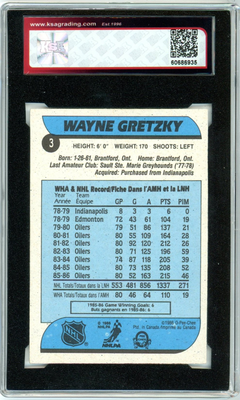 1986/87 OPC O-Pee-Chee Wayne Gretzky Graded Hockey Card KSA 6.5