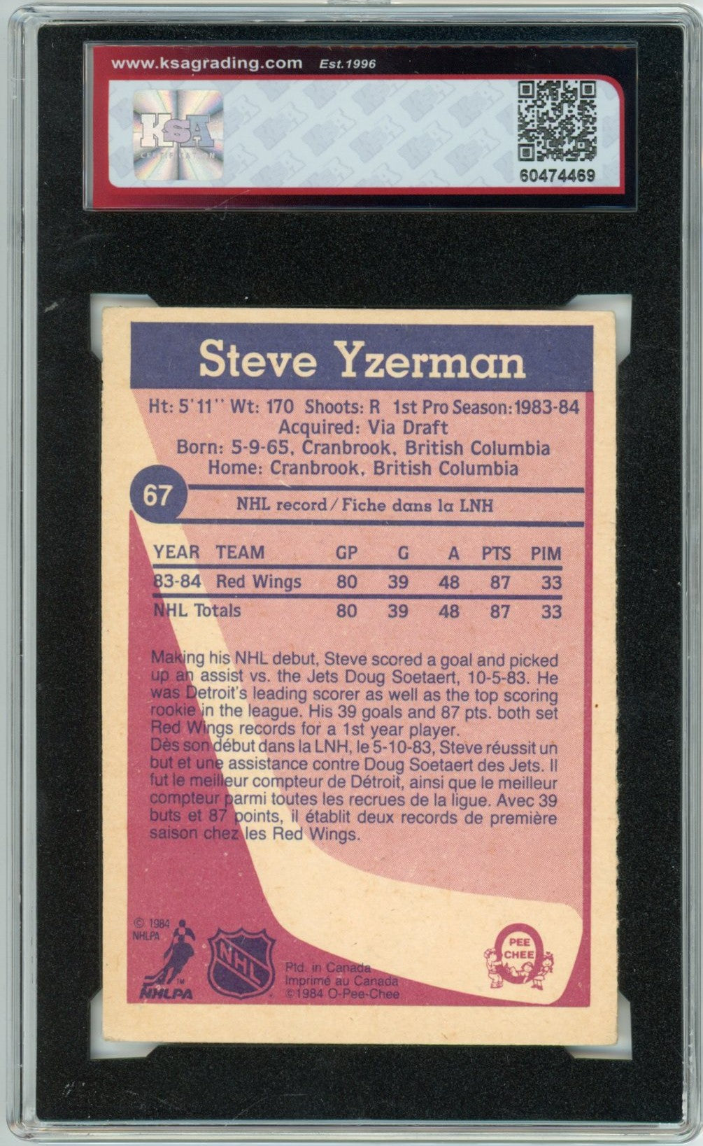 1984/85 OPC O-Pee-Chee Steve Yzerman Graded Rookie Card #67 KSA 4
