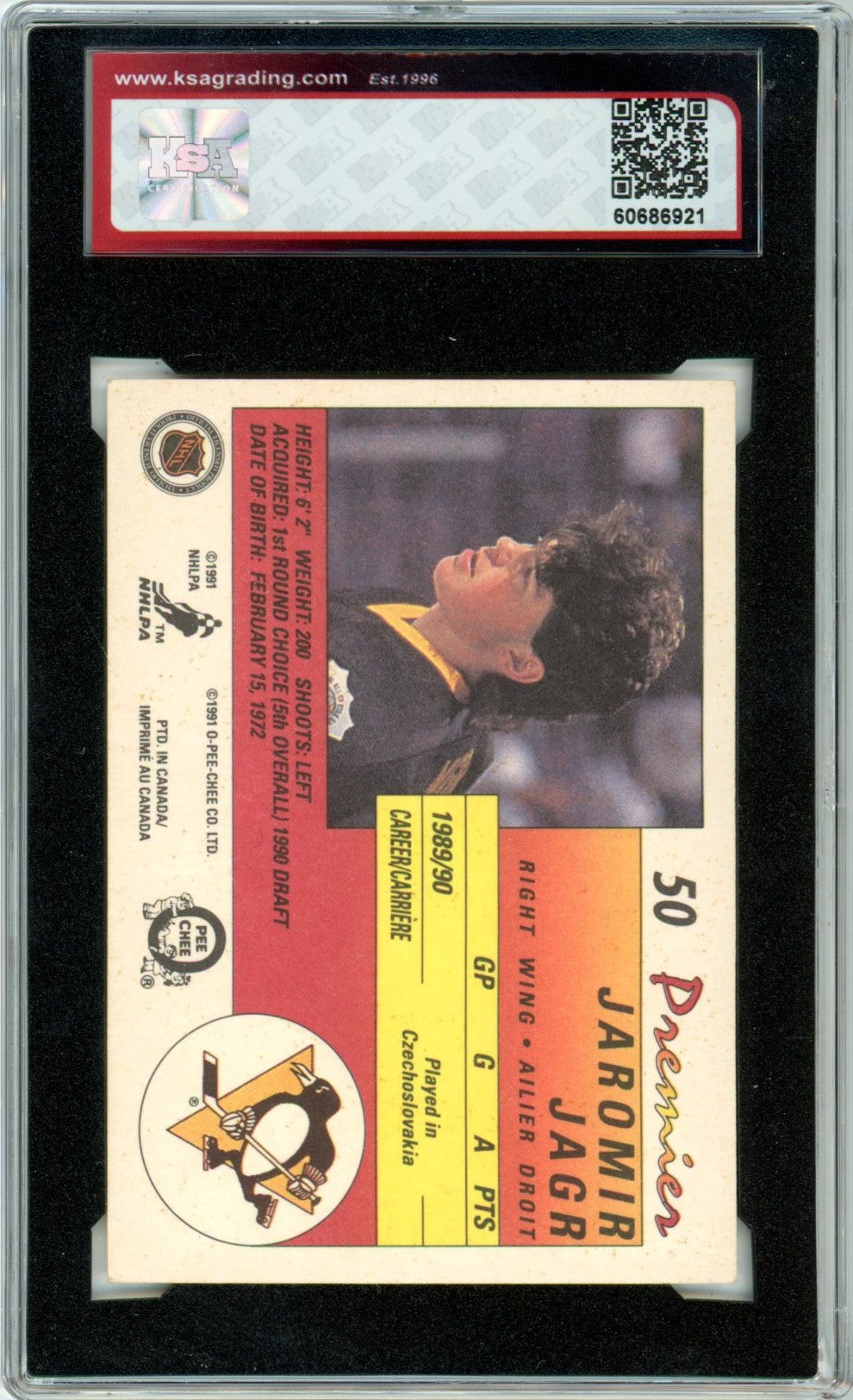 1990/91 OPC O-Pee-Chee Premier Jaromir Jagr Graded Hockey Rookie Card KSA 6.5