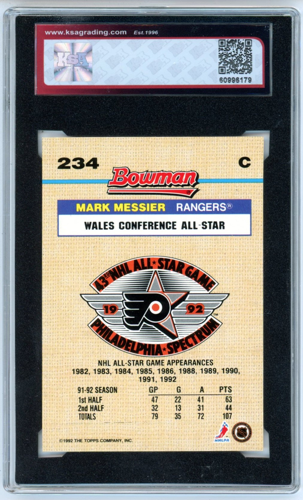1992/93 Bowman Mark Messier #234 All Star Foil Graded Hockey Card KSA 8