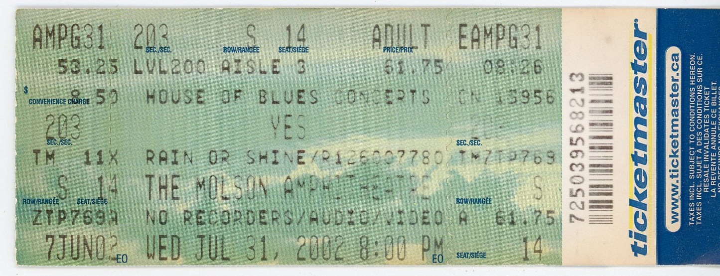 Yes Vintage Concert Ticket Molson Amphitheatre (Toronto, 2002)