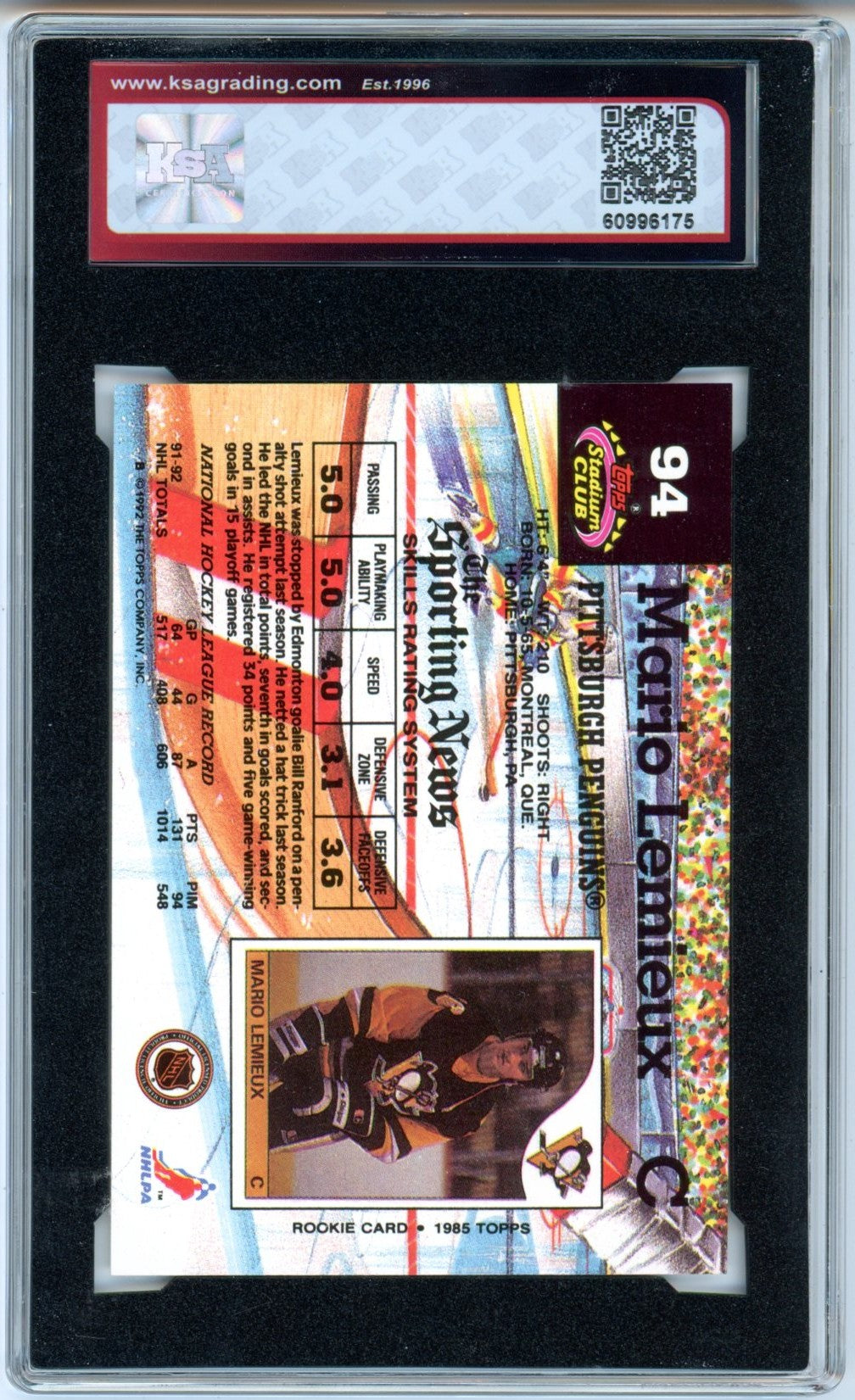 1992/93 Topps Stadium Club Mario Lemieux #94 Graded Hockey Card KSA 9
