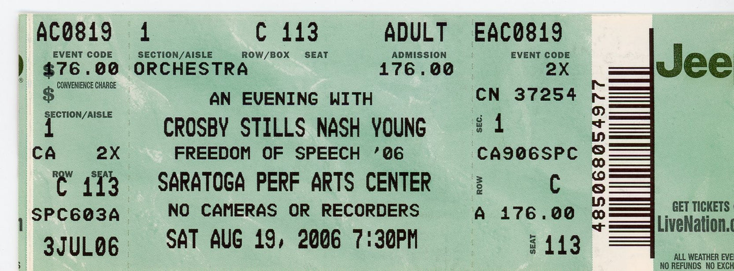 Crosby Stills Nash & Young Vintage Concert Ticket Saratoga Performing Arts Centre (Saratoga Springs NY, 2006)