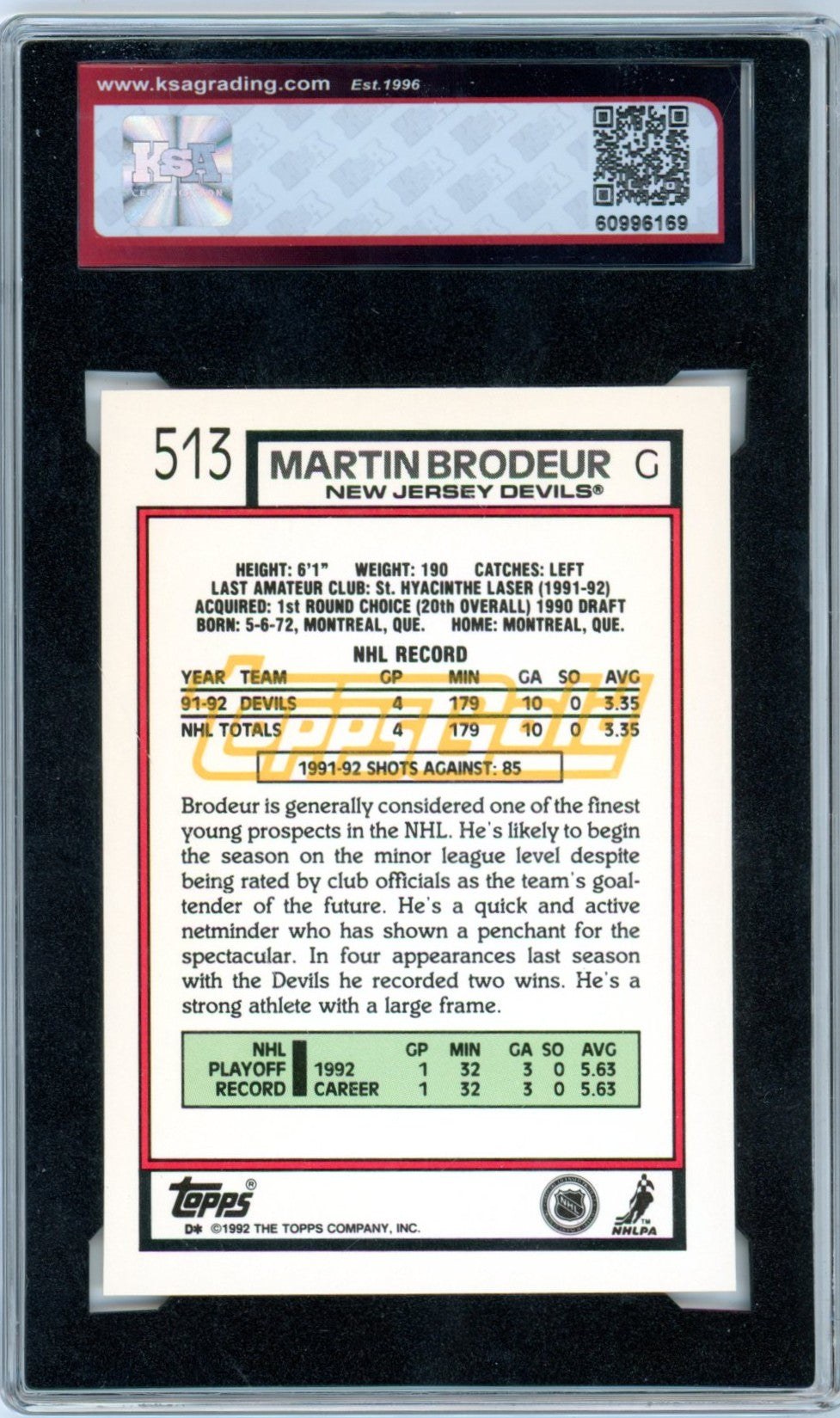 1992/93 Topps Gold Martin Brodeur #513 Graded Hockey Card KSA 8.5