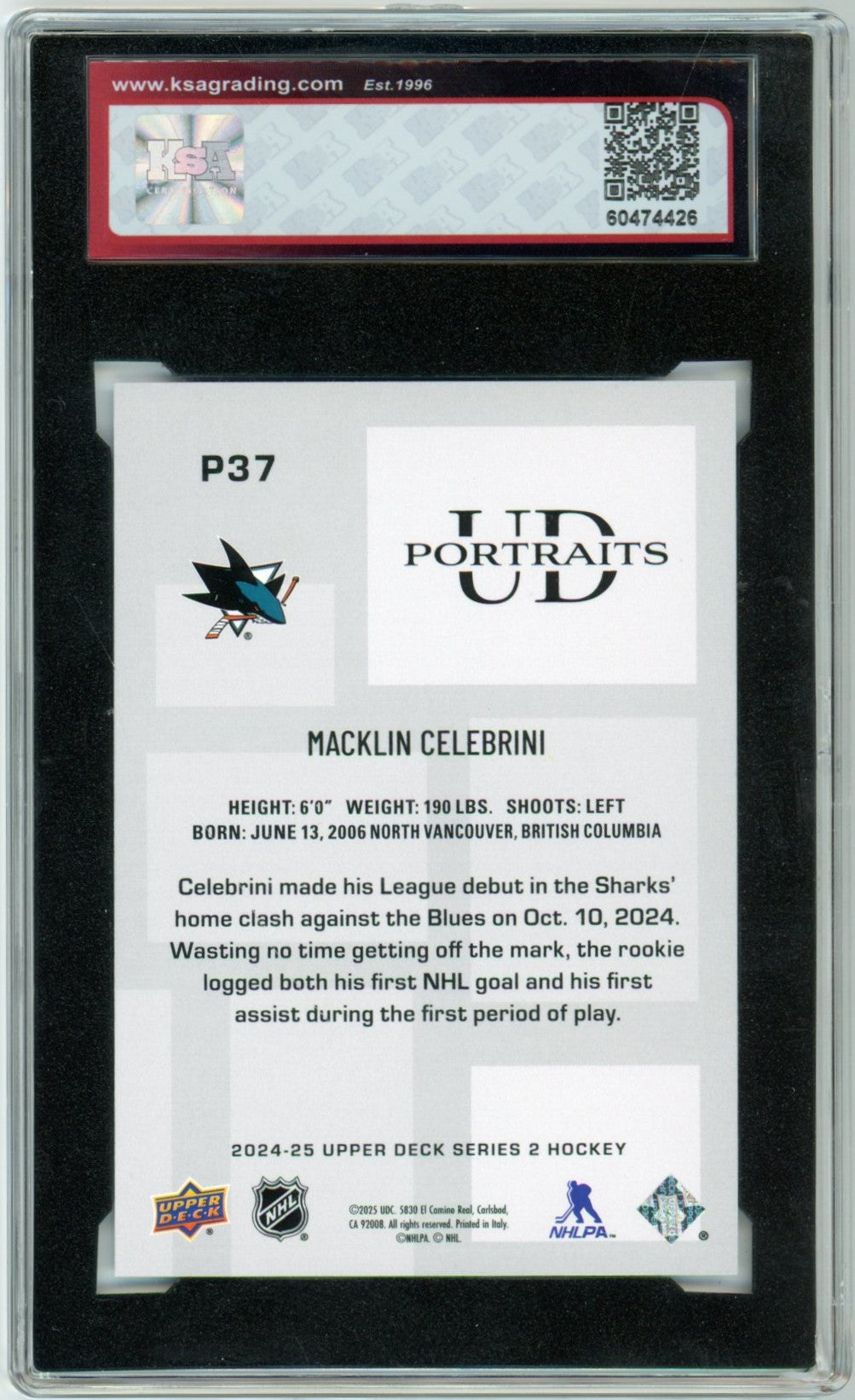 2024/25 Upper Deck Macklin Celebrini UD Portraits Graded Rookie Card KSA 8.5