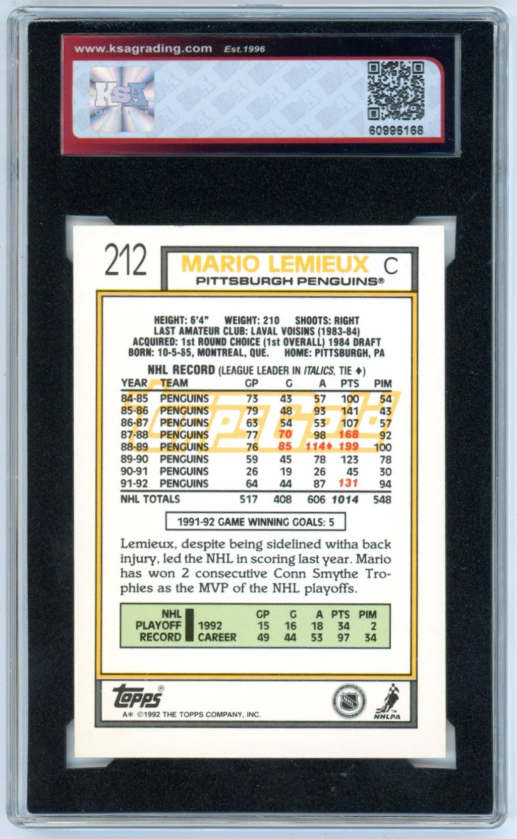 1992/93 Topps Gold Mario Lemieux #212 Graded Hockey Card KSA 9