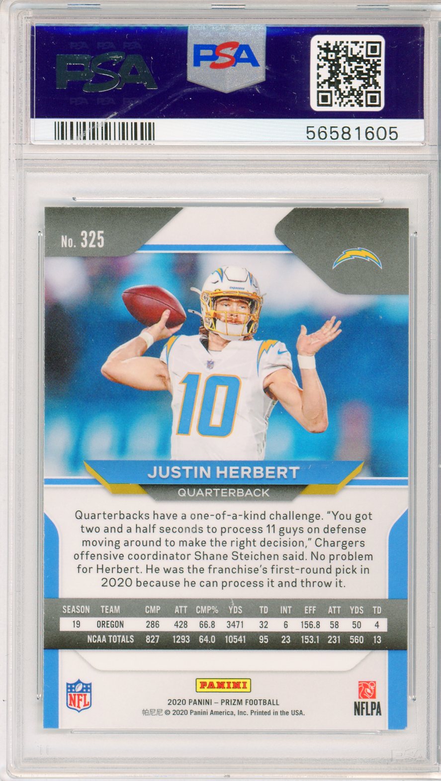 2020 Panini Prizm Justin Herbert #325 Graded Rookie Card PSA 9