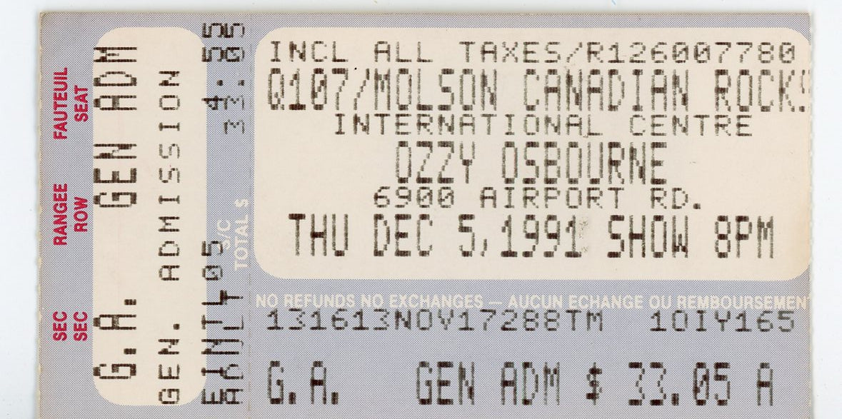 Ozzy Osbourne Vintage Concert Ticket International Centre (Mississauga, 1991)