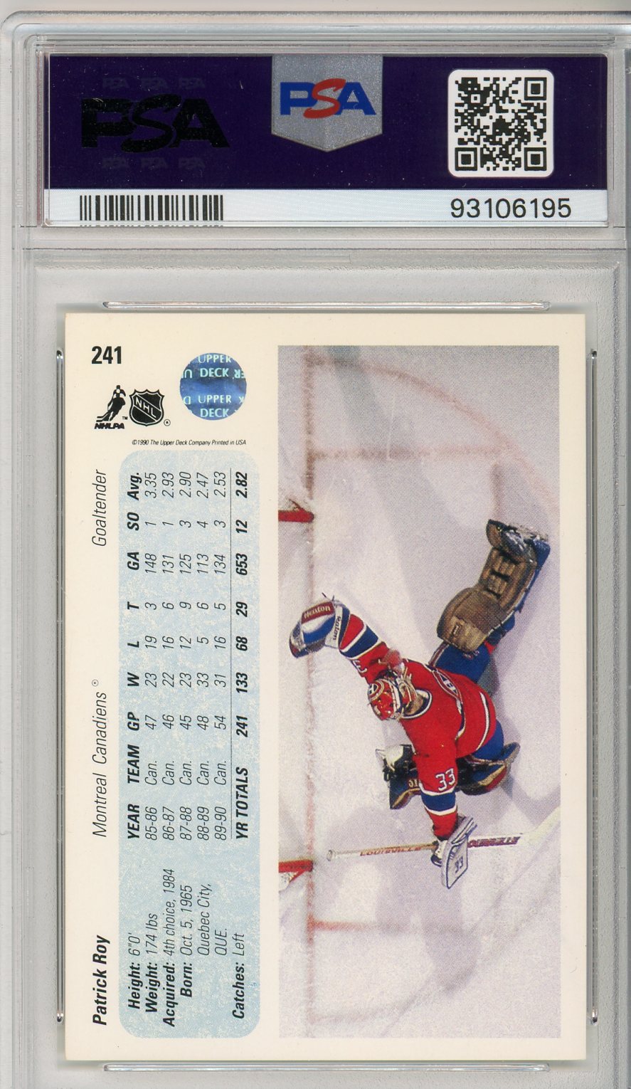 1990 Upper Deck Promos Patrick Roy Graded Hockey Card PSA 8 Printing Error