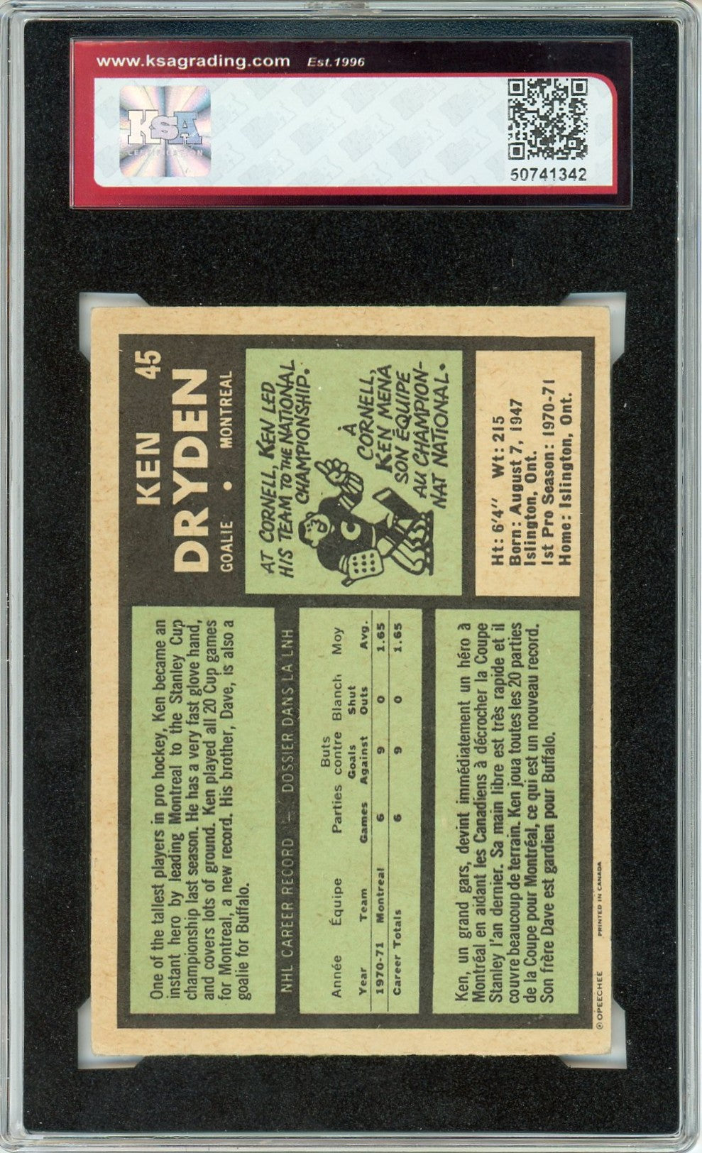 1971/72 OPC O-Pee-Chee Ken Dryden Graded Rookie Card #45 KSA 4