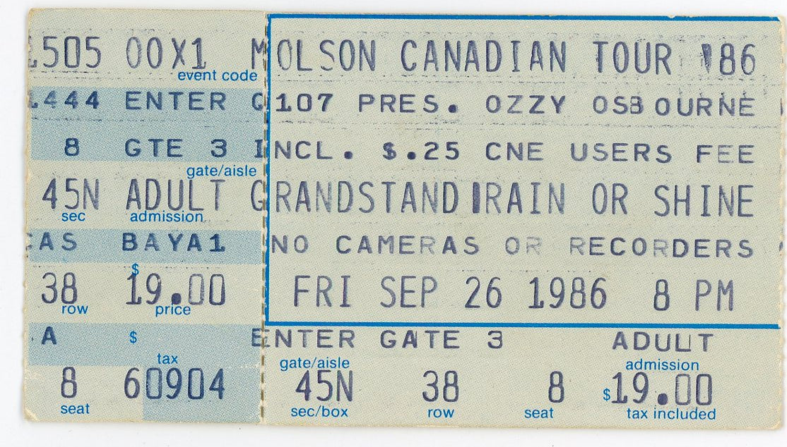Ozzy Osbourne Vintage Concert Ticket Exhibition Stadium (Toronto, 1986)
