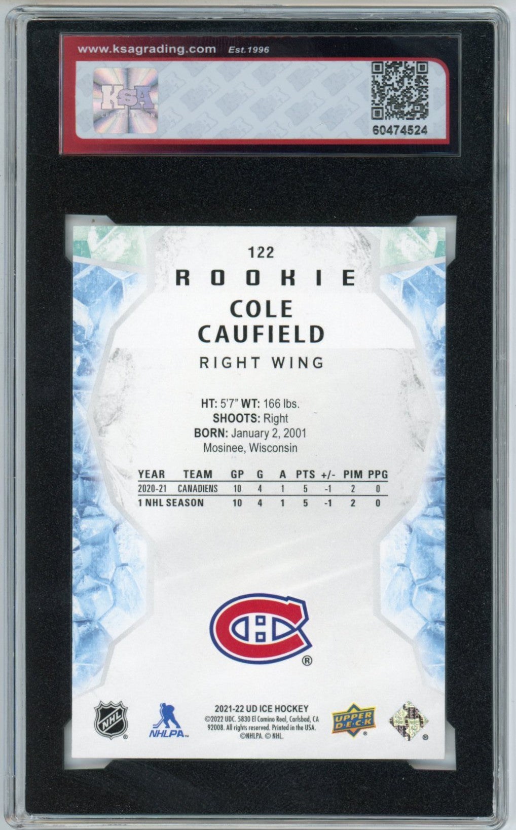 2021/22 Upper Deck Ice Cole Caufield Graded Rookie Card KSA 9.5