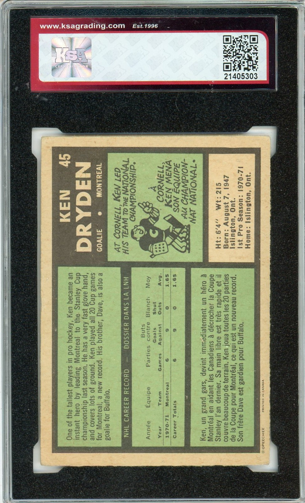 1971/72 OPC O-Pee-Chee Ken Dryden Graded Rookie Card #45 KSA 6