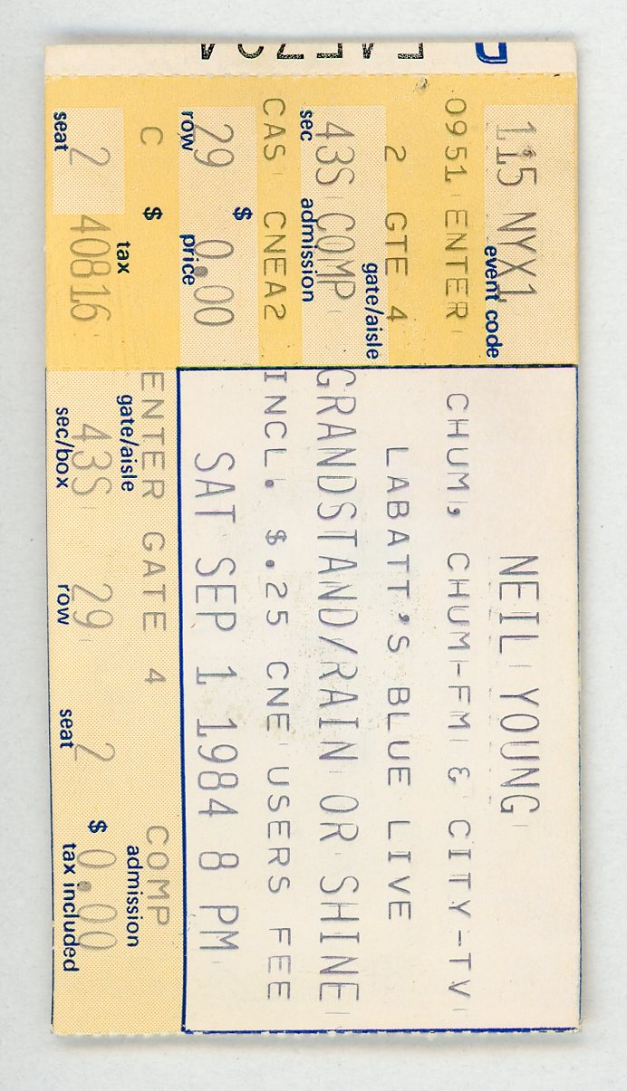 Neil Young Vintage Concert Ticket CNE Grandstand (Toronto, 1984)