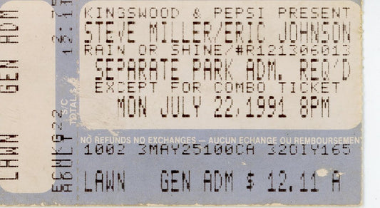 Steve Miller/Eric Johnson Concert Ticket Kingswood Music Theatre (Vaughan, 2000)