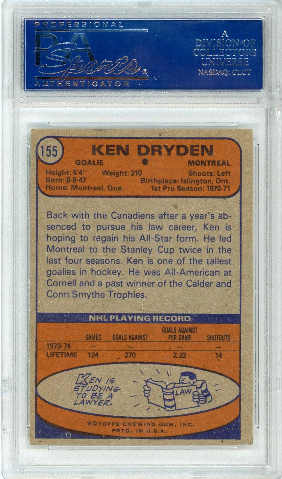 1974 Topps Ken Dryden Graded Autograph Card #155 PSA/DNA Authentic
