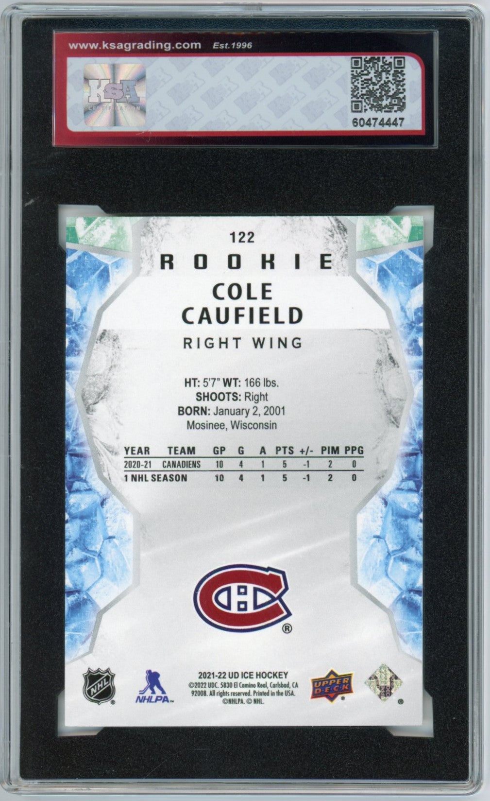 2021/22 Upper Deck Ice Cole Caufield Gold Graded Rookie Card KSA 8.5