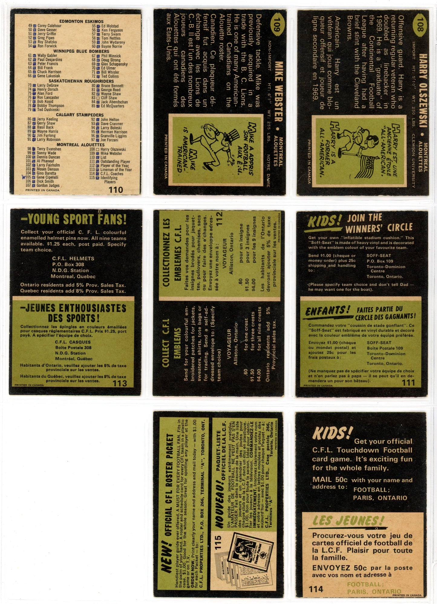 1970 OPC O-Pee-Chee CFL Football Complete Set (115 Cards) EX+ Marked Checklist