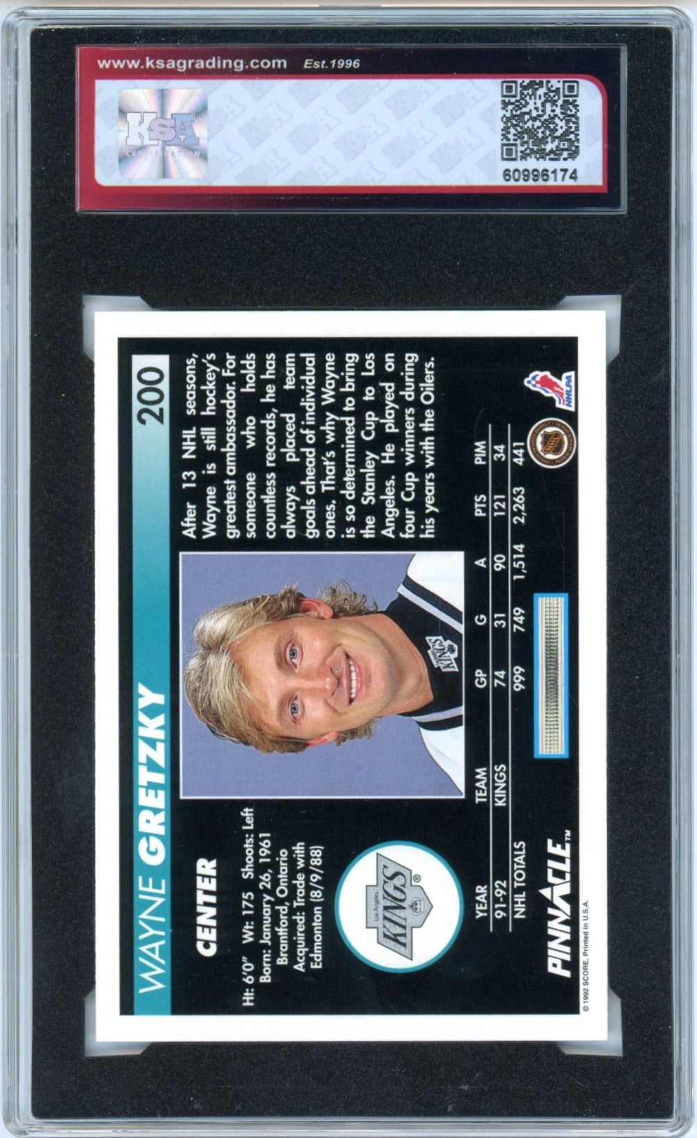 1992/93 Pinnacle Wayne Gretzky #200 Graded Hockey Card KSA 9.5