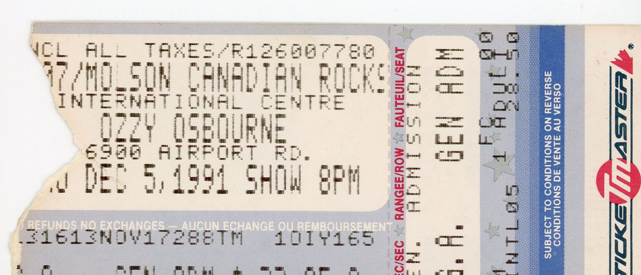 Ozzy Osbourne Concert Ticket International Centre (Mississauga, 1991)