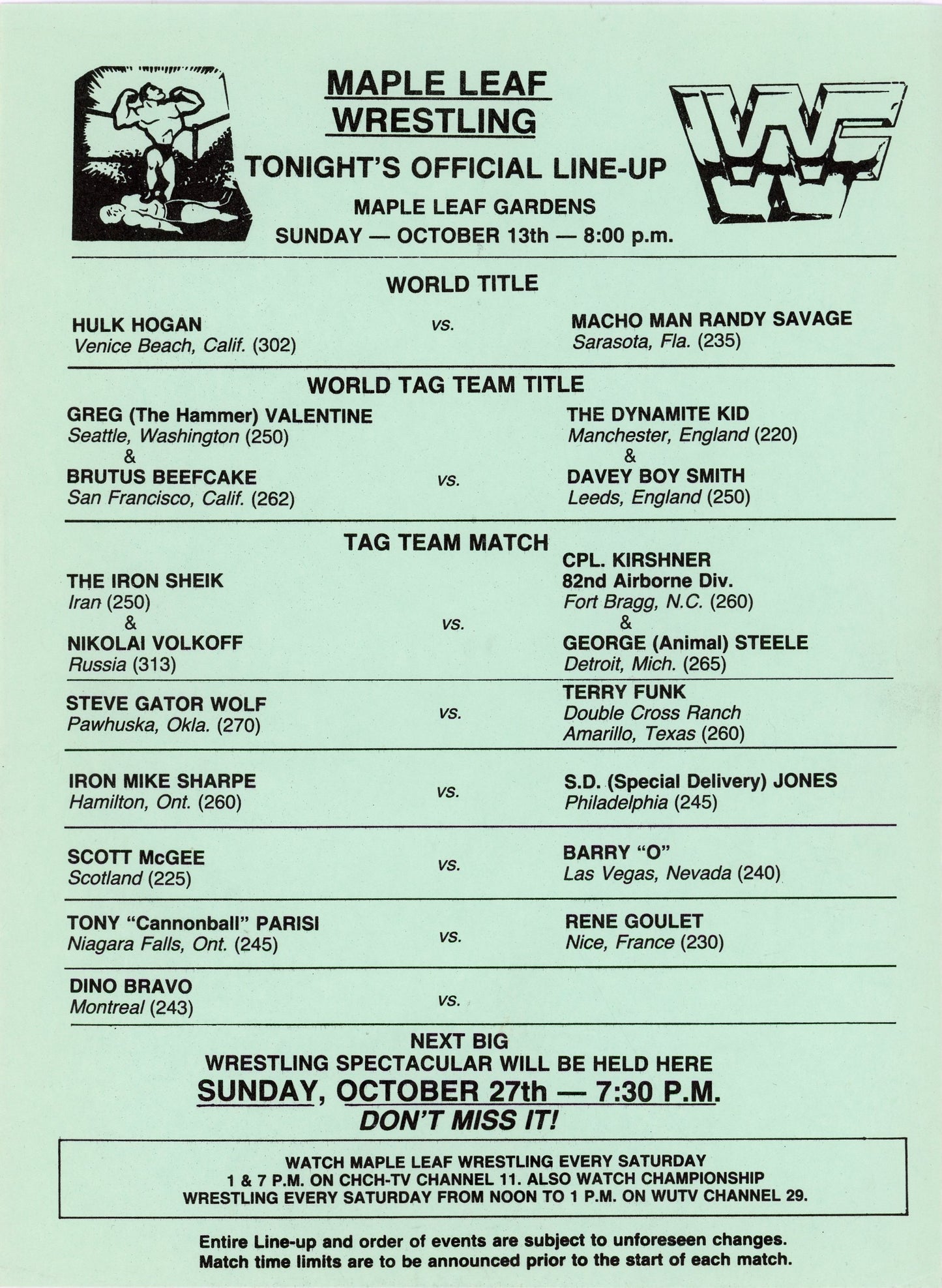 1985 WWF Wrestling Program Maple Leaf Gardens Lineup Card, Ticket Stub Savage/Hogan