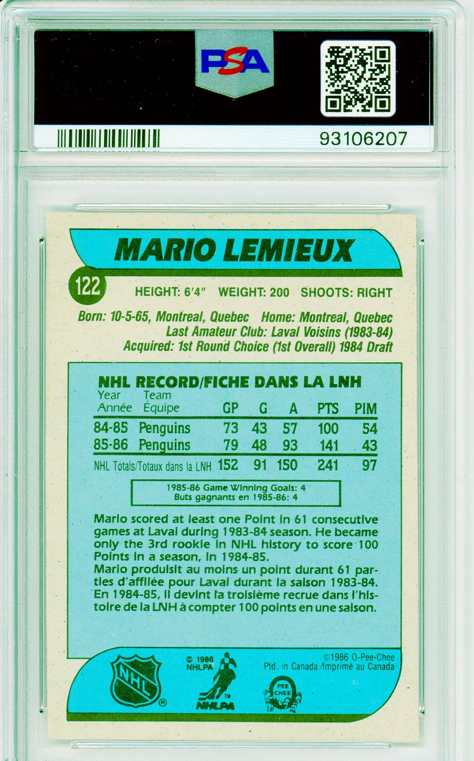 1986 O-Pee-Chee Mario Lemieux #122 Graded Hockey Card PSA 7.5