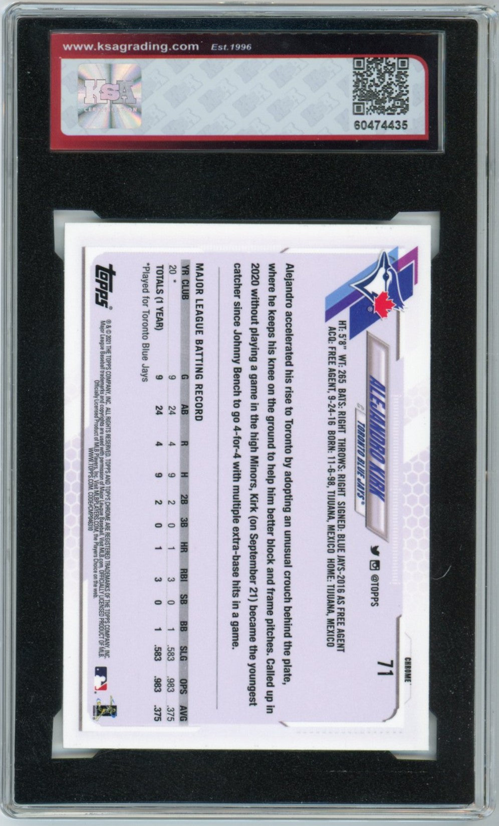 2021 Topps Chrome Alejandro Kirk Prism Refractor Graded Rookie Card #71 KSA 10