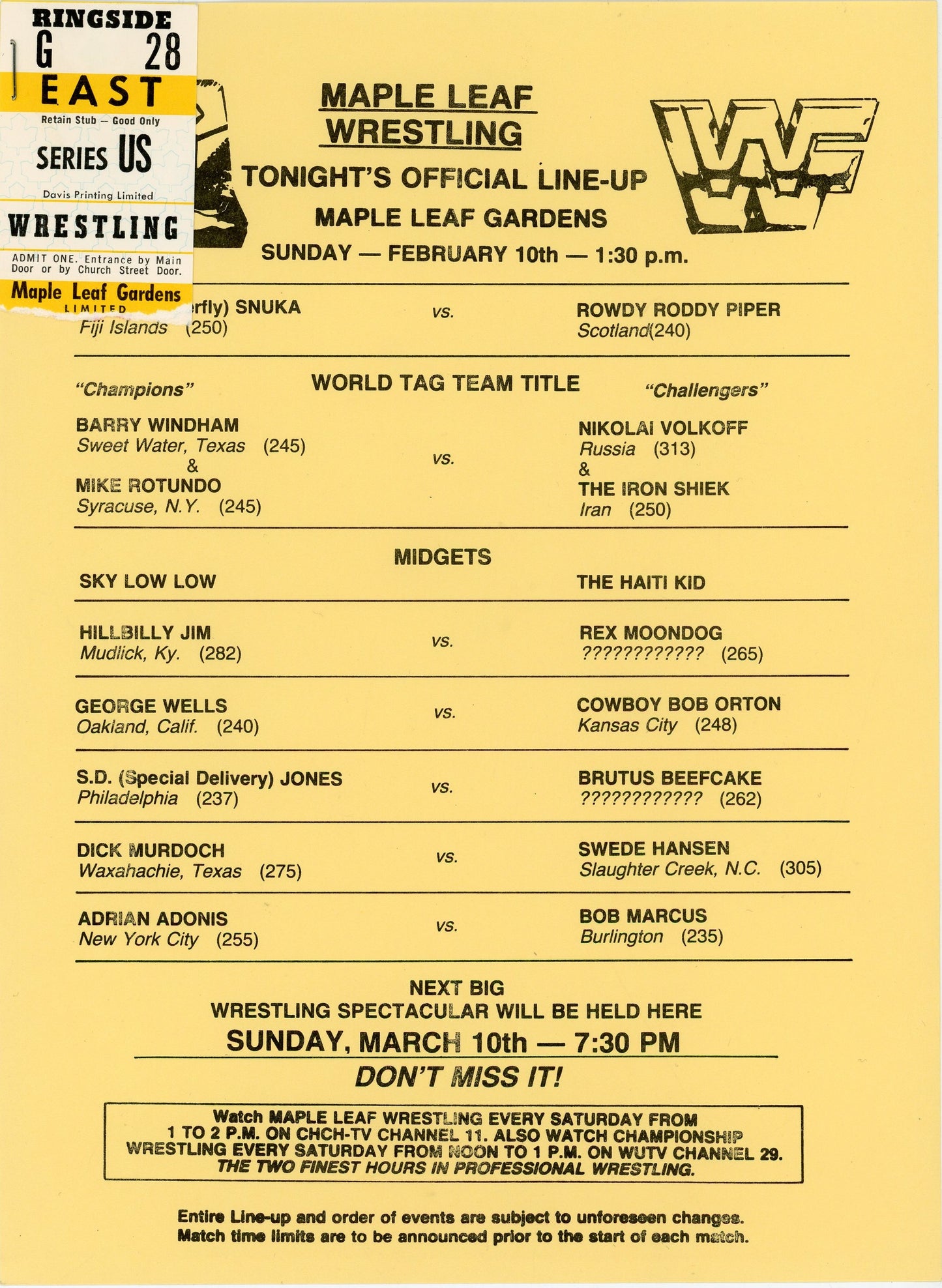 1985 WWF WWE Wrestling Program & Lineup Card Ticket Stub Maple Leaf Gardens