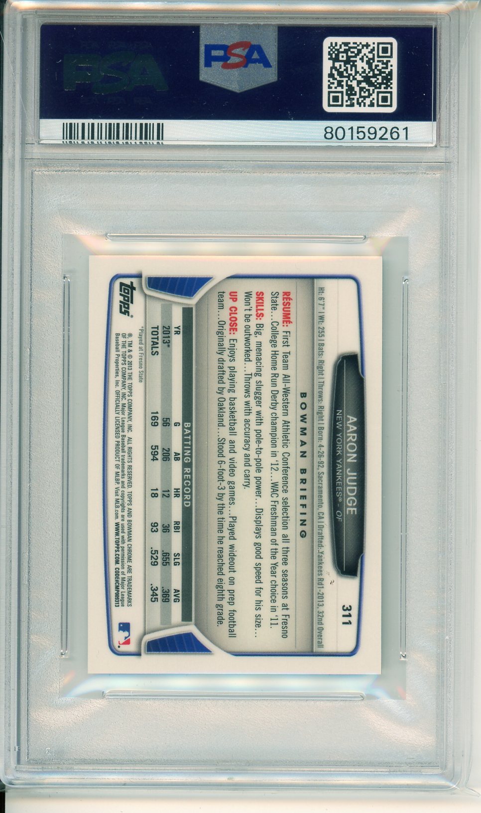 2013 Bowman Chrome Aaron Judge Mini Baseball Card PSA 9