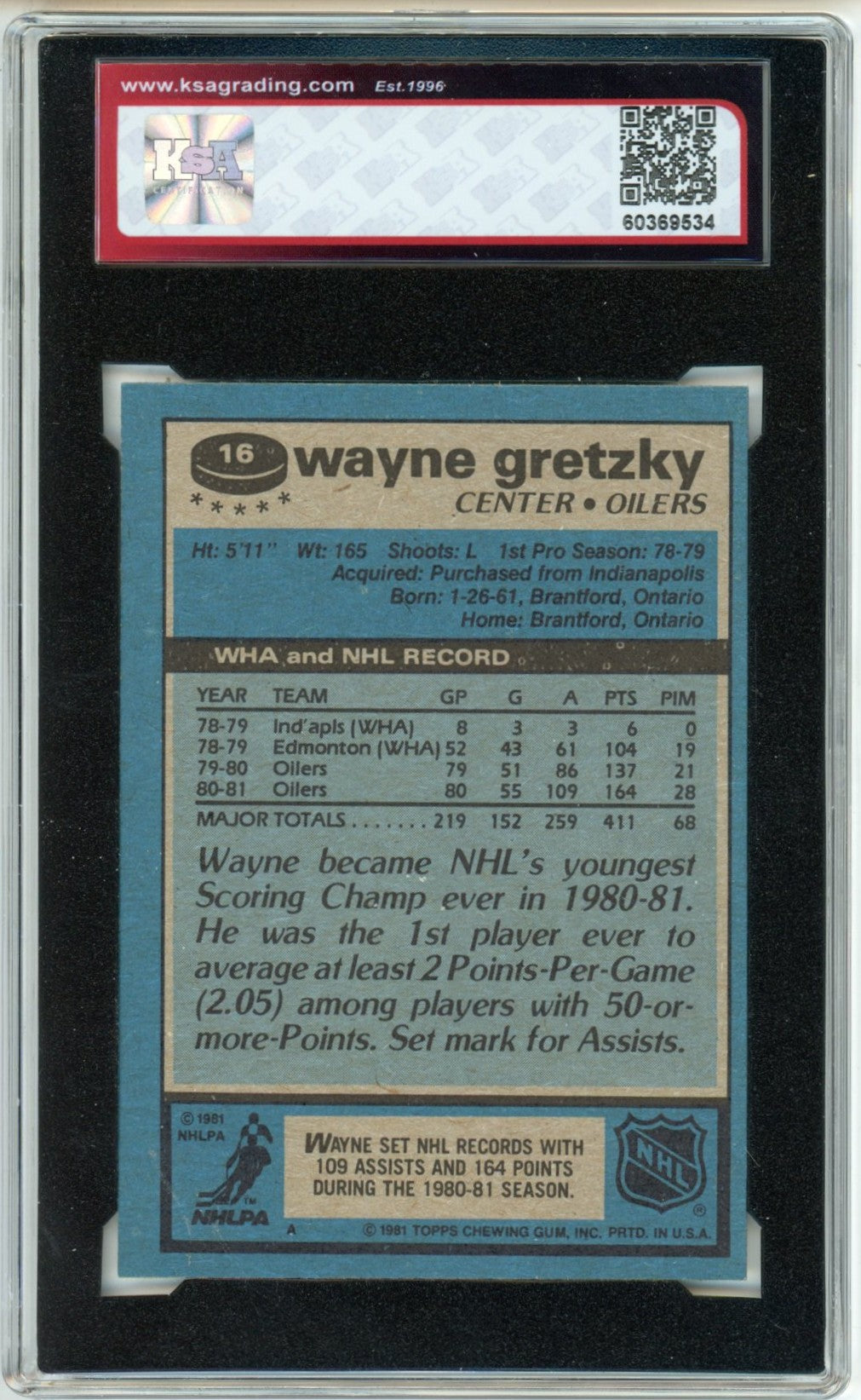 1981/82 Topps Wayne Gretzky Graded Hockey Card #16 KSA 7
