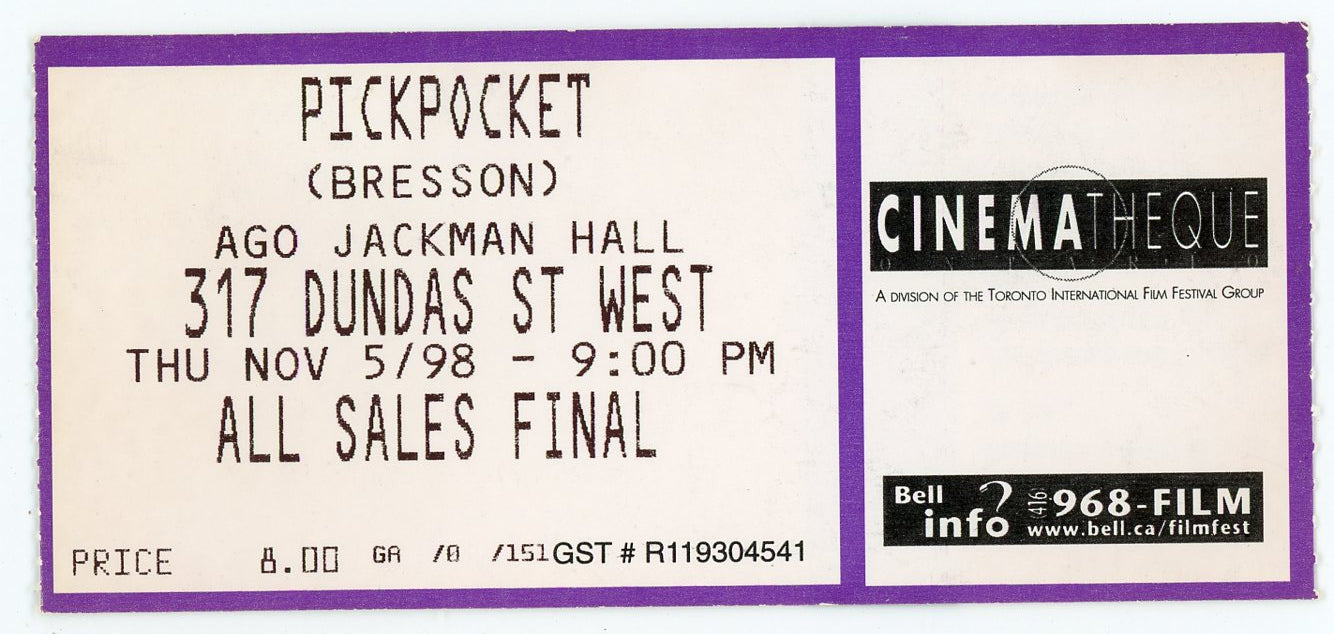 Pickpocket Vintage Movie Pass AGO Jackman Hall (Toronto, 1998)