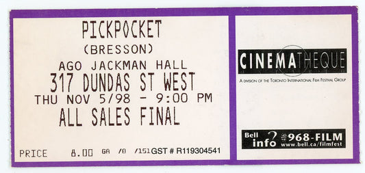 Pickpocket Vintage Movie Pass AGO Jackman Hall (Toronto, 1998)