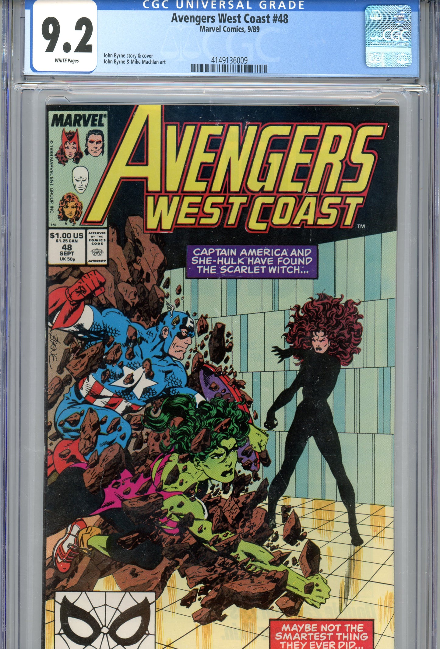 1989 Avengers West Coast #48 Graded Comic Book Captain America / She-Hulk / Scarlet Witch CGC 9.2