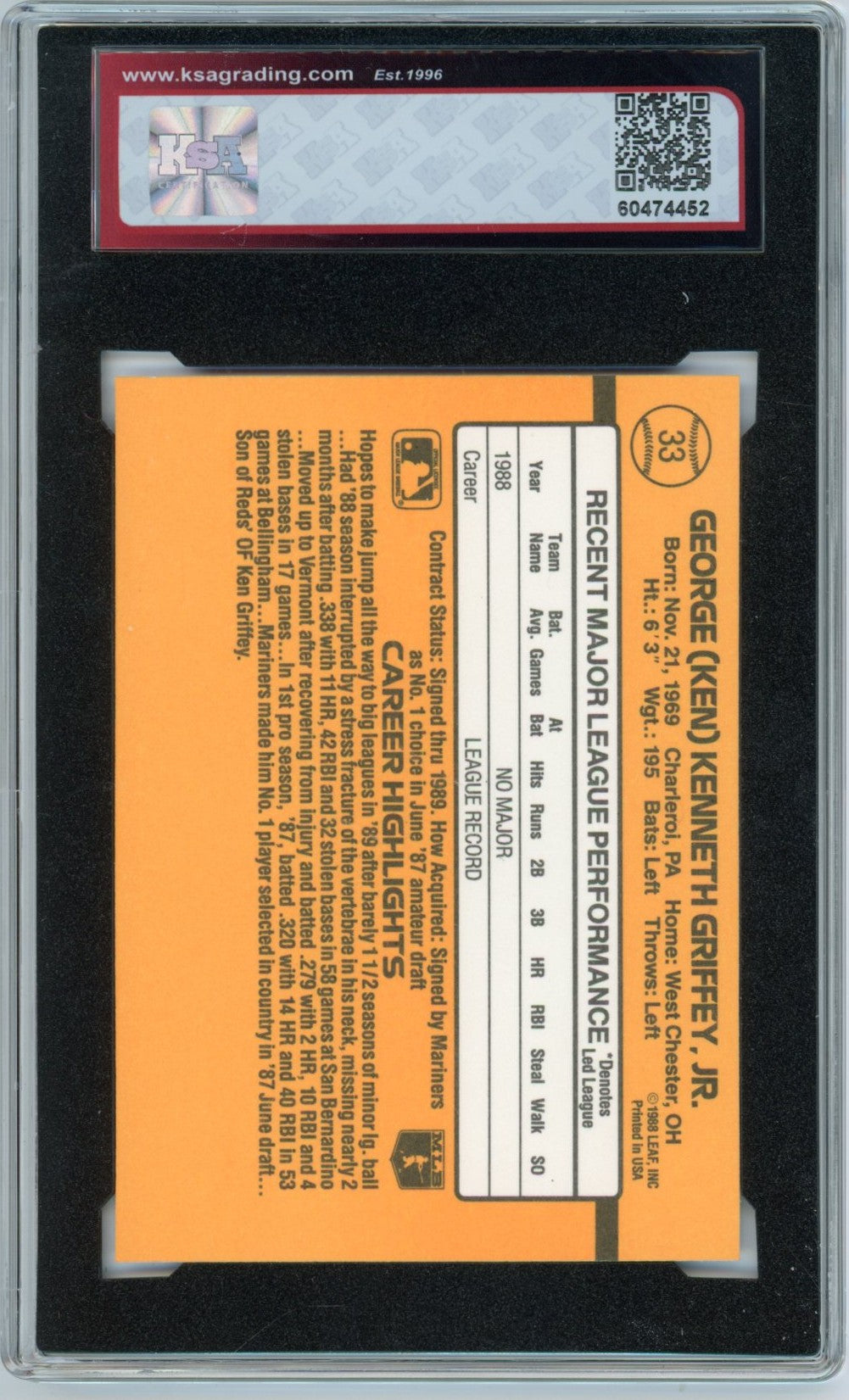 1989 Donruss Ken Griffey Jr. Graded Rookie Card #33 KSA 8.5