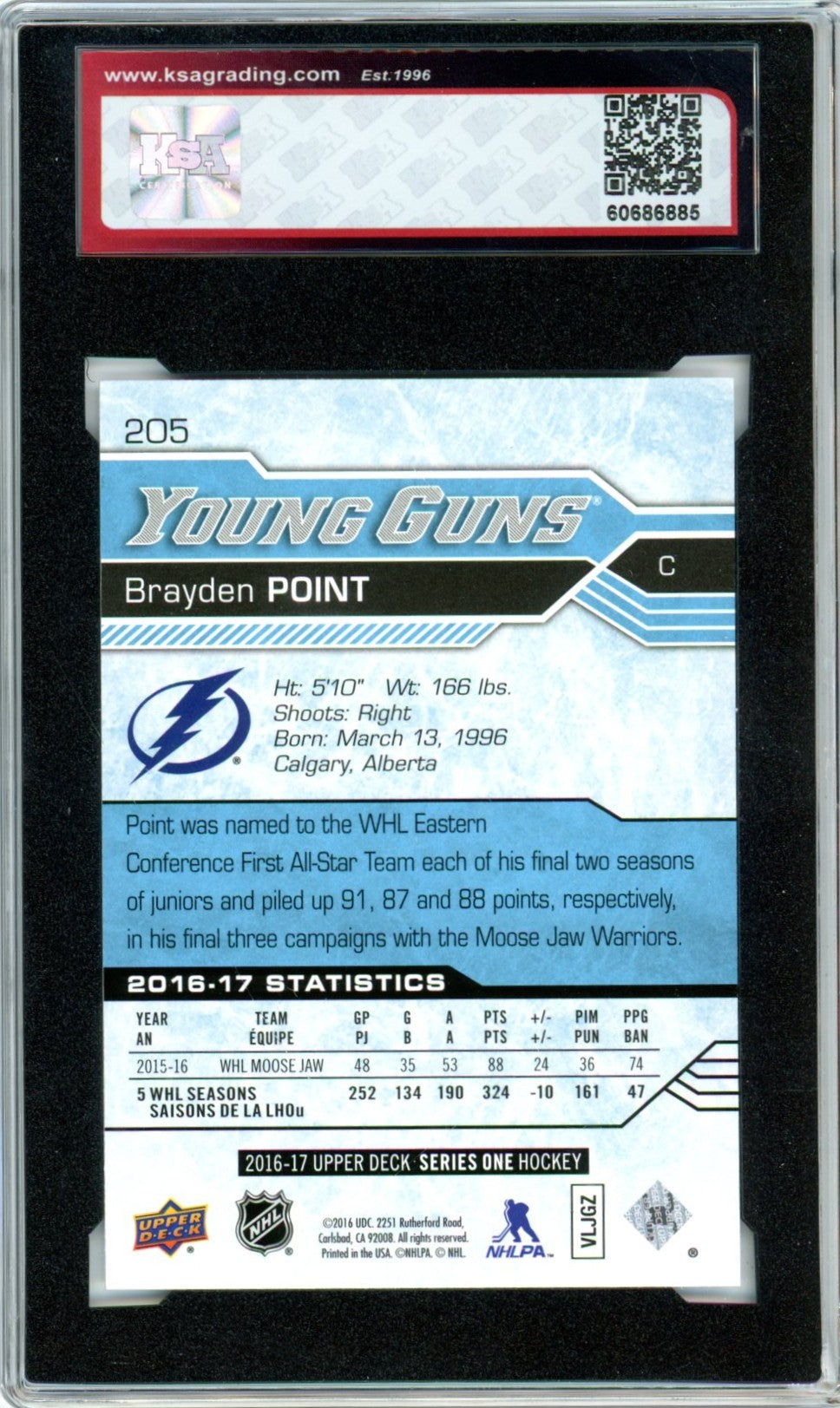 2016/17 Upper Deck Brayden Point #205 Graded Young Guns Rookie Card KSA 9