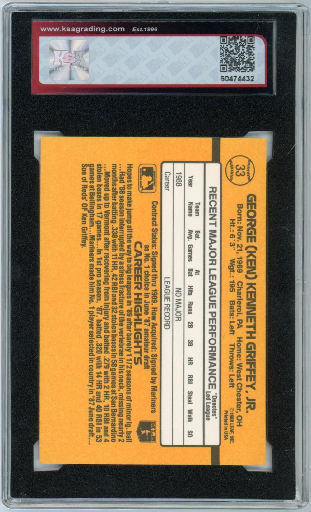 1989 Donruss Ken Griffey Jr. Graded Rookie Card #33 KSA 7.5