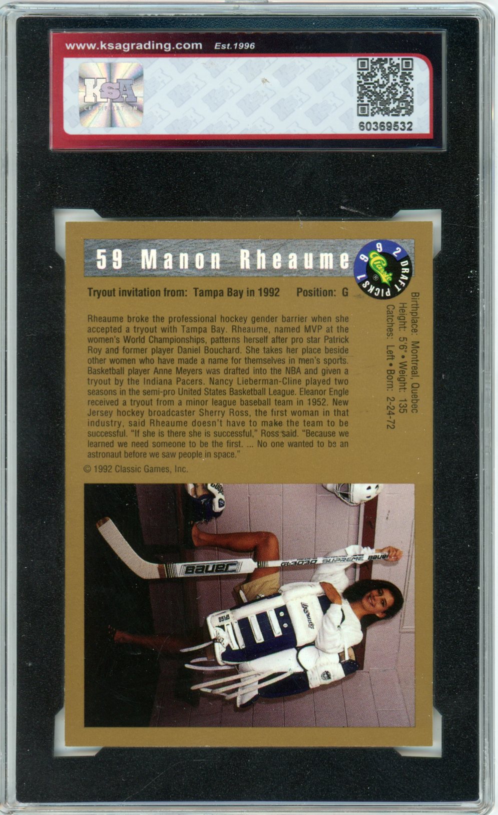 1992 Classic Draft Picks Manon Rheaume Graded Autograph Card KSA 8 AUTO 7