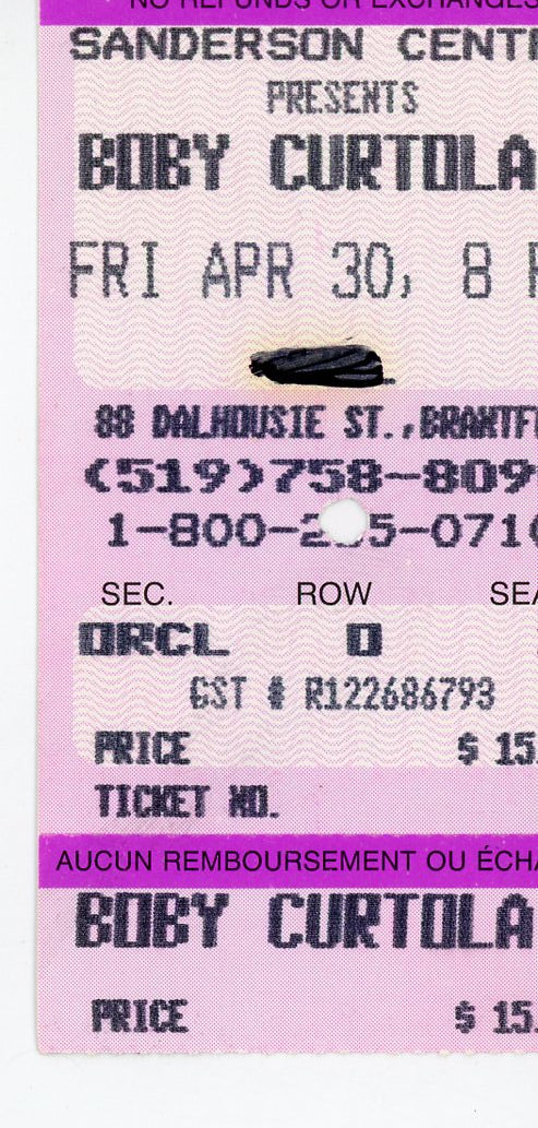 Boby Curtola Vintage Concert Ticket Stub Sanderson Centre (Brantford, ON)