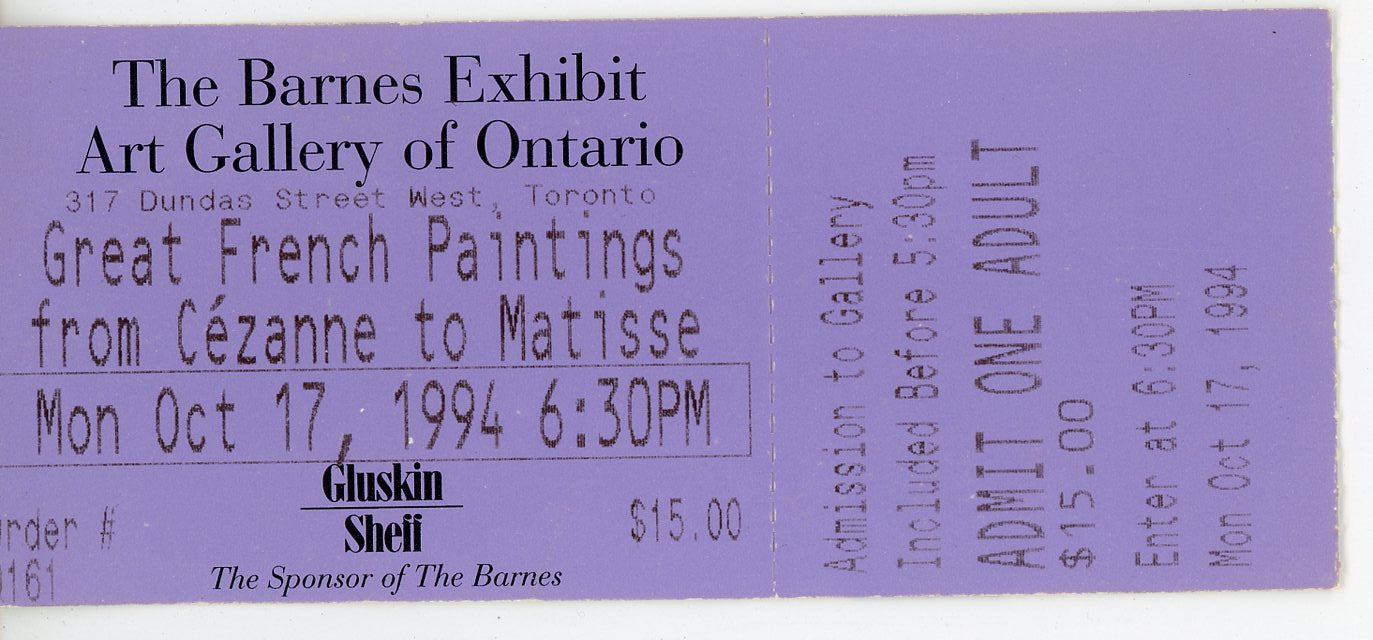 Great French Paintings Exhibit Pass The Barnes Exhibit AGO (Toronto, 1994)