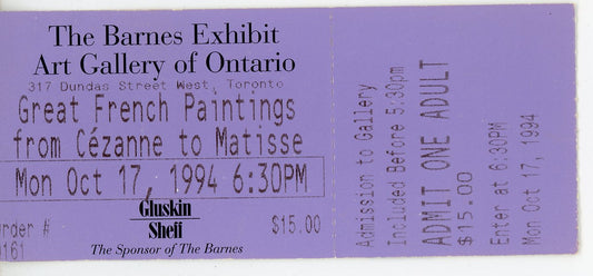 Great French Paintings Exhibit Pass The Barnes Exhibit AGO (Toronto, 1994)