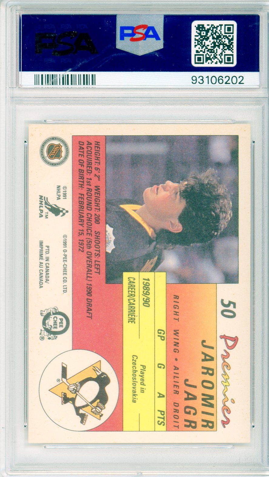 1990 O-Pee-Chee Premier Jaromir Jagr Graded Hockey Card PSA 9