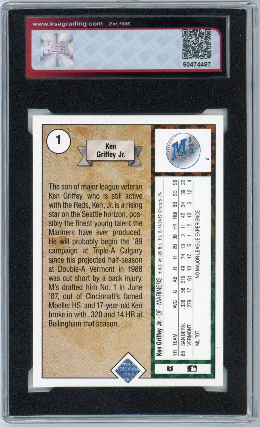 1989 Upper Deck Ken Griffey Jr. Graded Rookie Card #1 KSA 8
