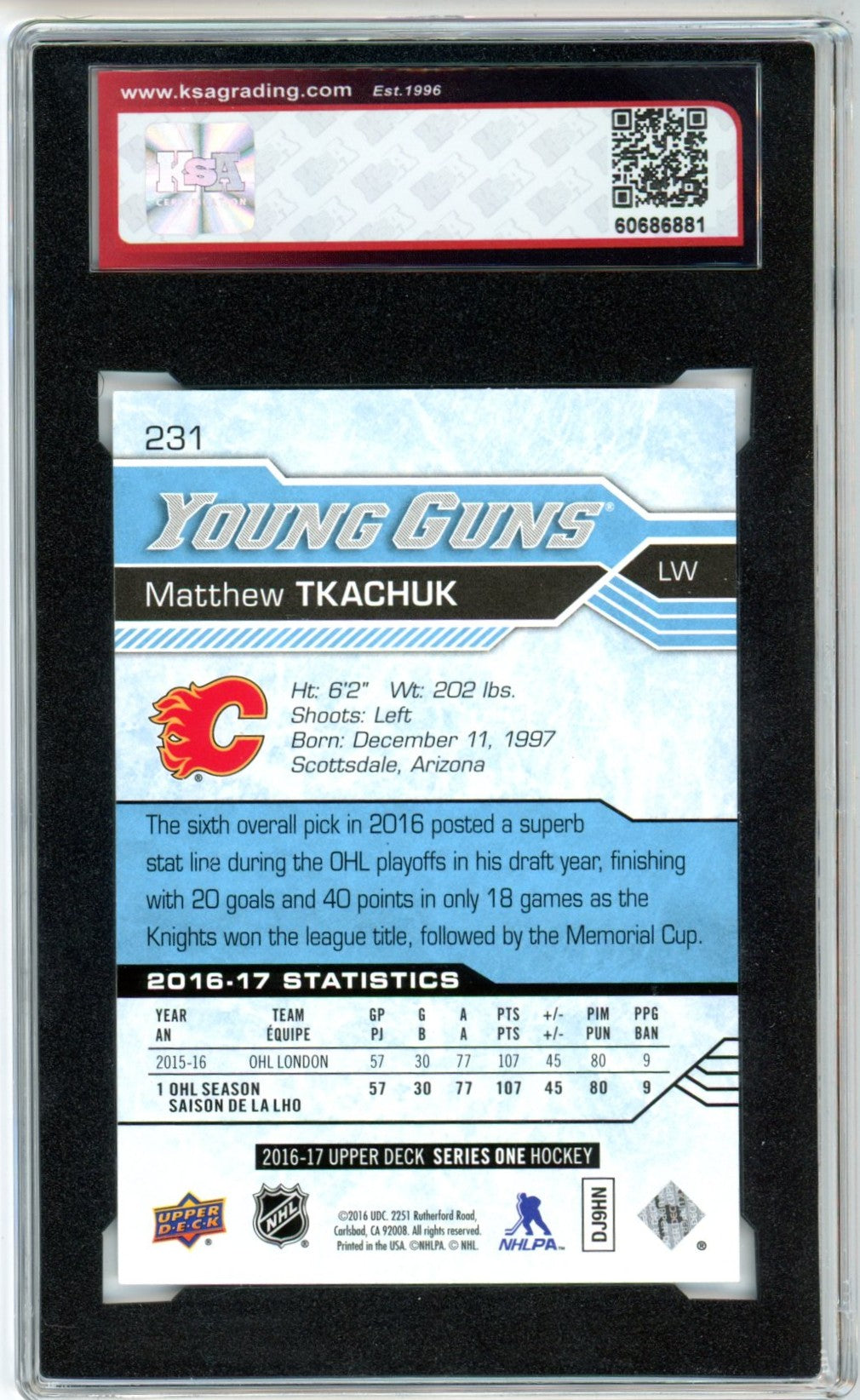 2016/17 Upper Deck Matthew Tkachuk #231 Graded Young Guns Rookie Card KSA 9.5
