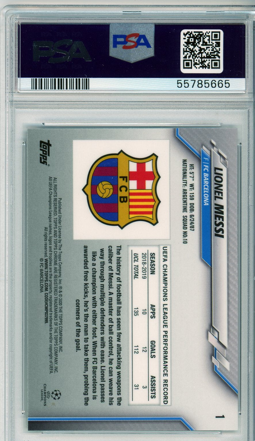 2019 Topps Chrome UEFA Champions League Lionel Messi Graded Soccer Card PSA 10