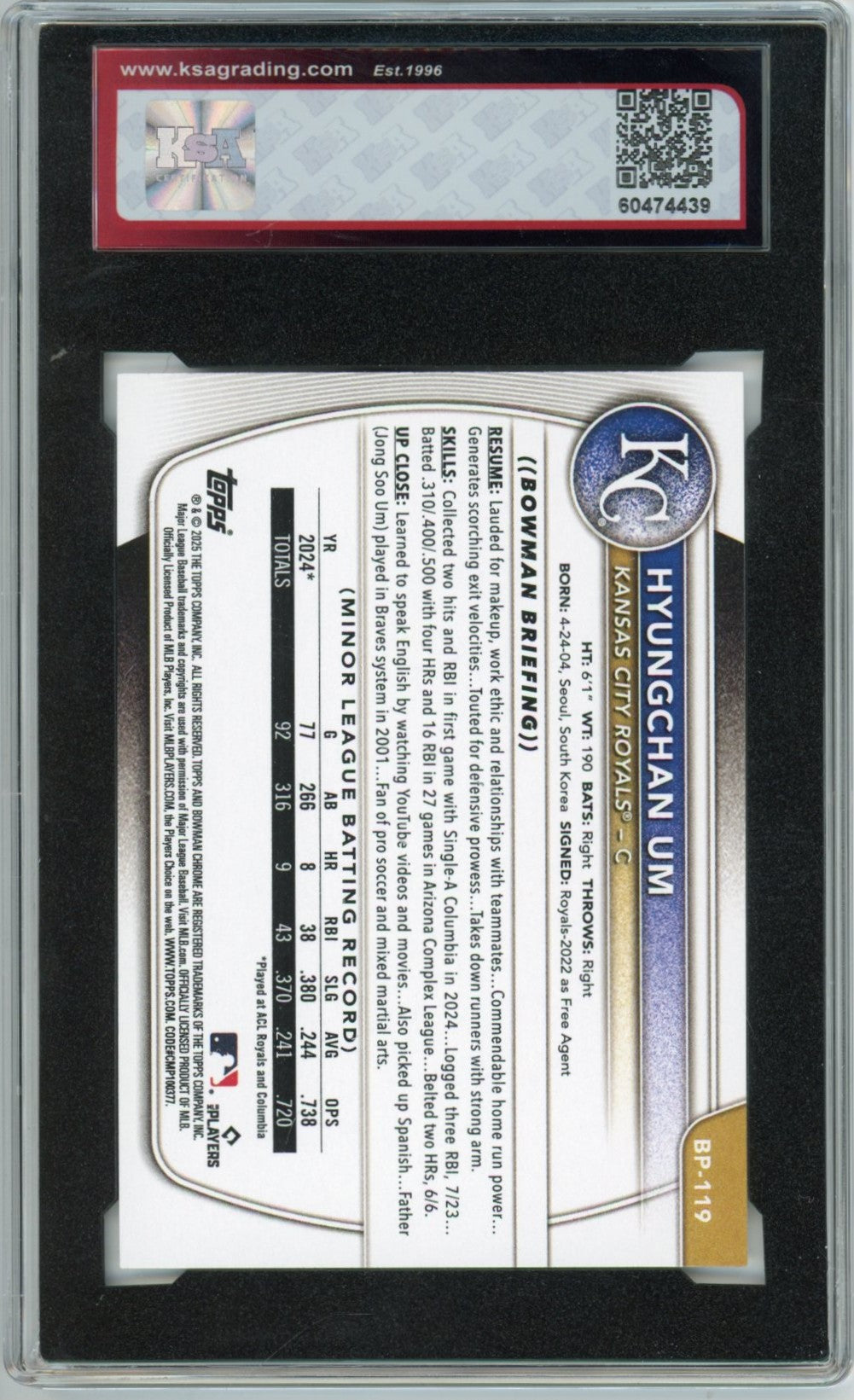 2025 Bowman Prospects Hyungchan Um 1st Bowman Graded Baseball Card KSA 9.5