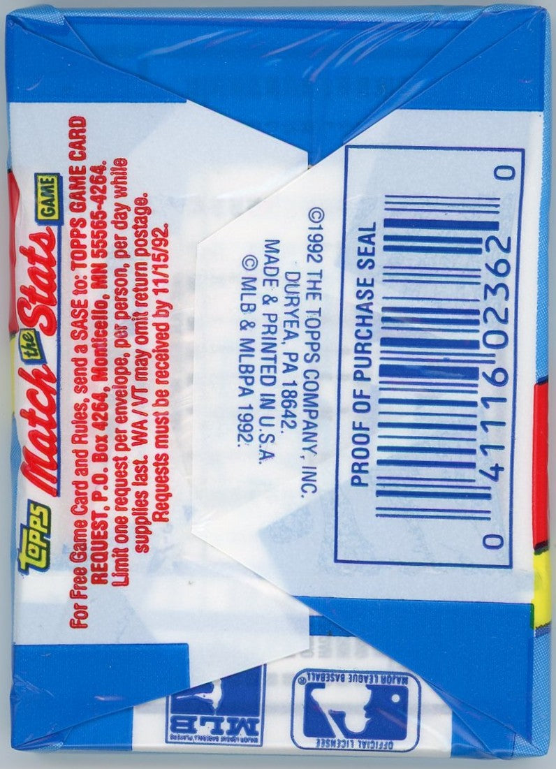 1992 Topps Baseball Wax Pack (15 Cards) Gold Card In Every Pack