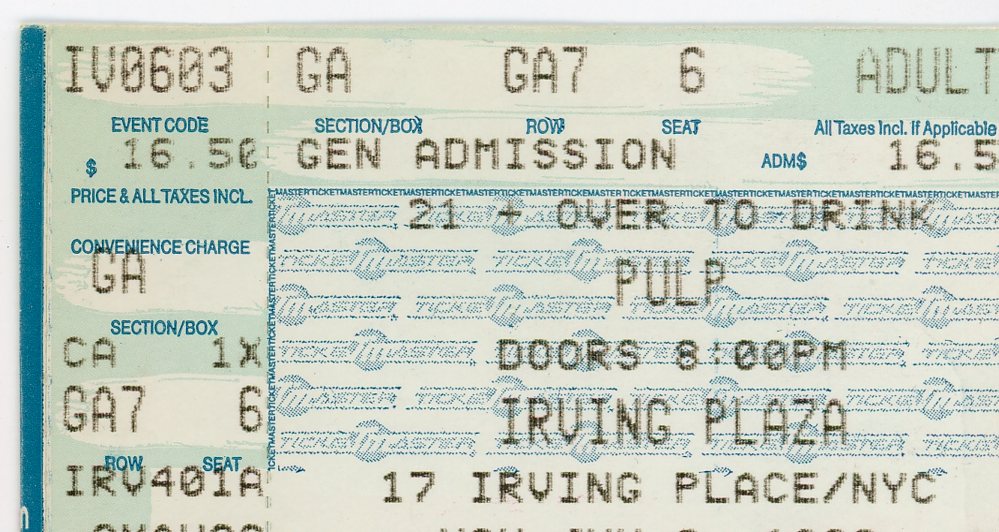 Pulp Vintage Concert Ticket Stub Irving Plaza (New York City, 1996)